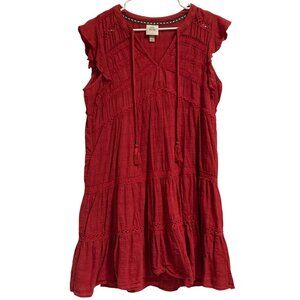 Women's KNOX ROSE Tiered Flutter Sleeve Lace Trim Peasant Dress RED Size Large